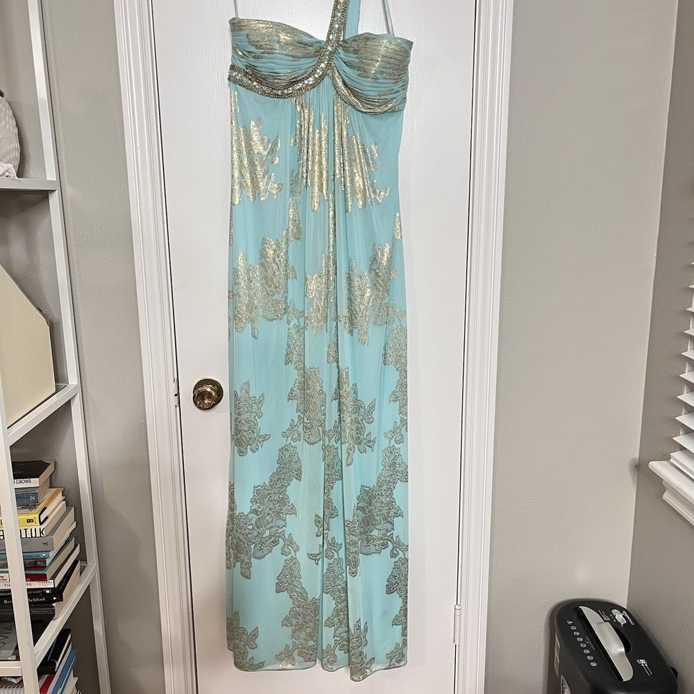 BA Nites Blue Gold One‎ Shoulder Empire Waist Maxi Dress Size Y2K Greek Goddess